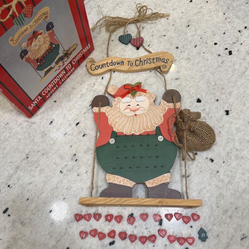 Santa Countdown To Christmas Advent Calendar Wooden Wall Hanging Complete 90s